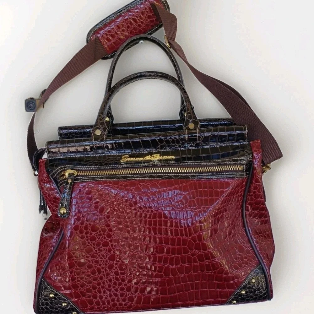 Samantha Brown Burgundy Black Croco Embossed Satchel Travel Bag Shoe Compartment